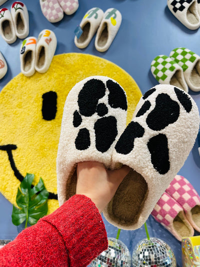 Black White Cow Slippers by Synergy Marketplace on Synergy Marketplace